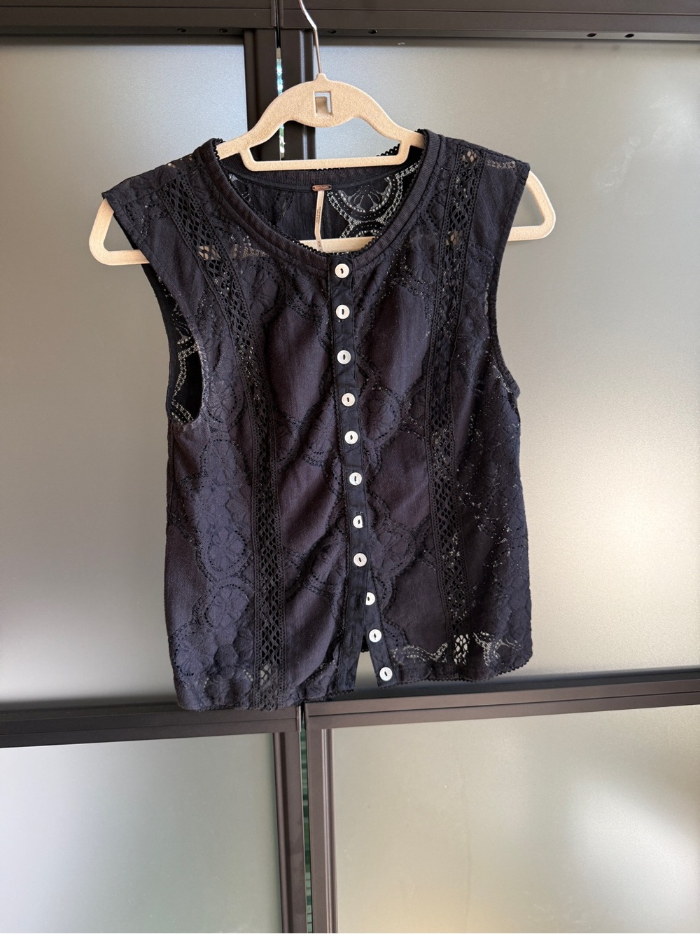 Free People Black Lace Button-Front Sleeveless Top